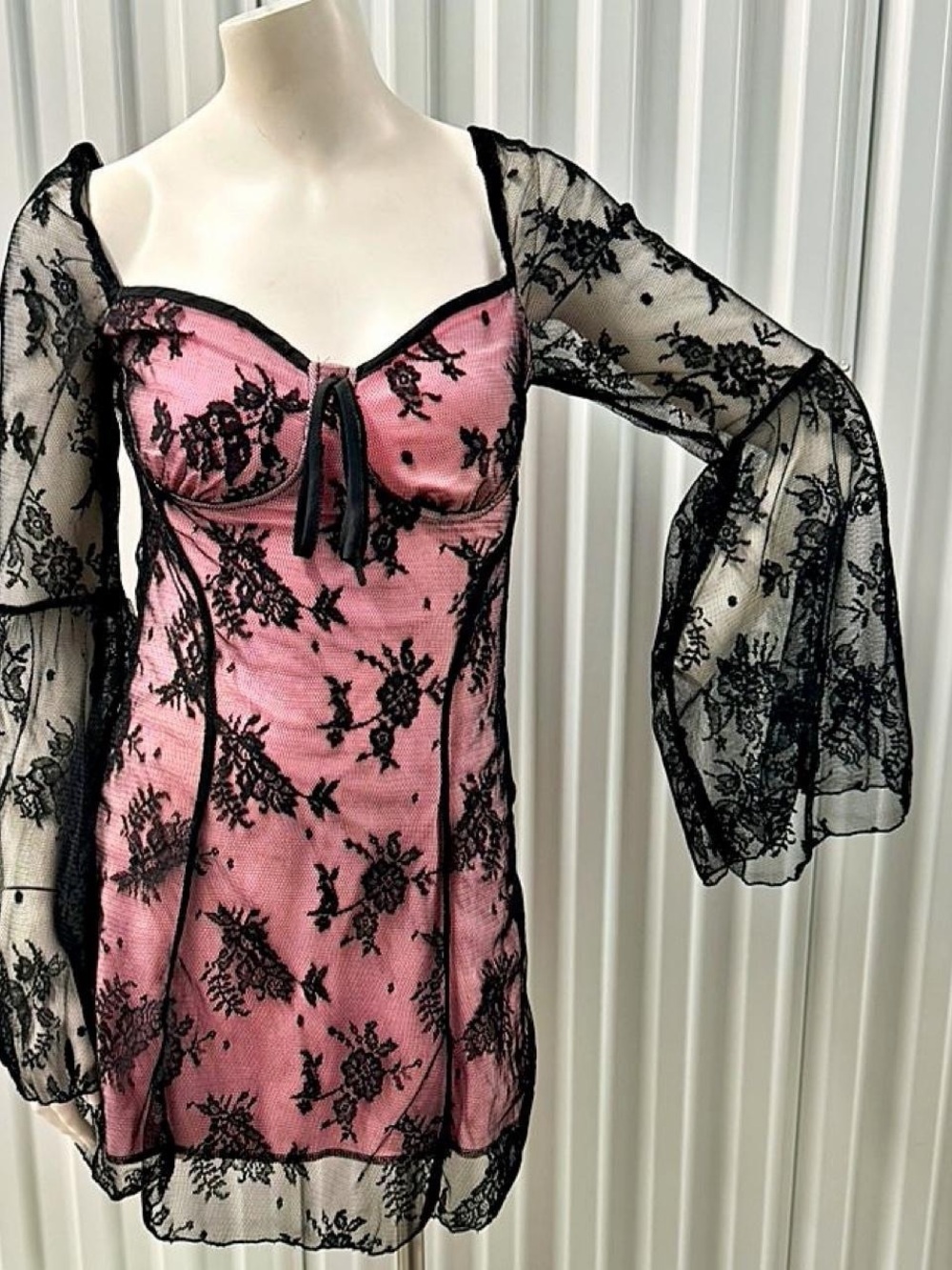 Women's Pink Lace Overlay Slip Dress with Black Sheer Sleeves